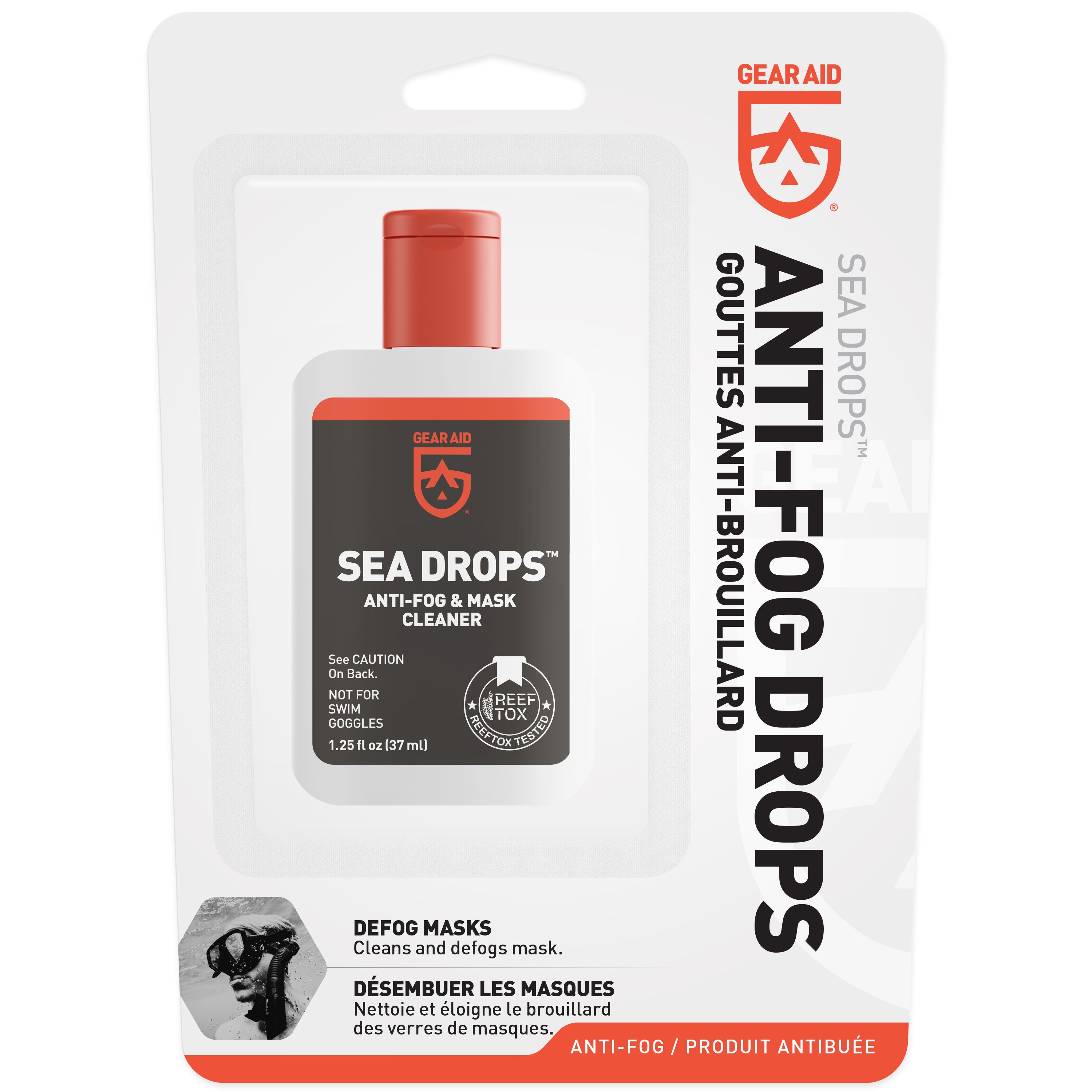 GEAR AID Sea Drops Anti-Fog & Mask Cleaner in packaging on a white background