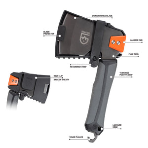 Image of BALTA Hatchet with callouts of BALTA features. Stonewash blade, Hammer edn, Full tang, textured positive grip, lanyard hole, stake puller and a shealth that comes with a Blade protector, rentaining strap and belt clip. On white background