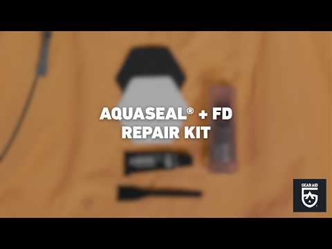 Blurred video cover showing an Aquaseal repair kit with adhesive, patches, and application tools arranged on an orange fabric surface, with the title “AQUASEAL® + FD REPAIR KIT” centered and the Gear Aid logo in the bottom-right corner.