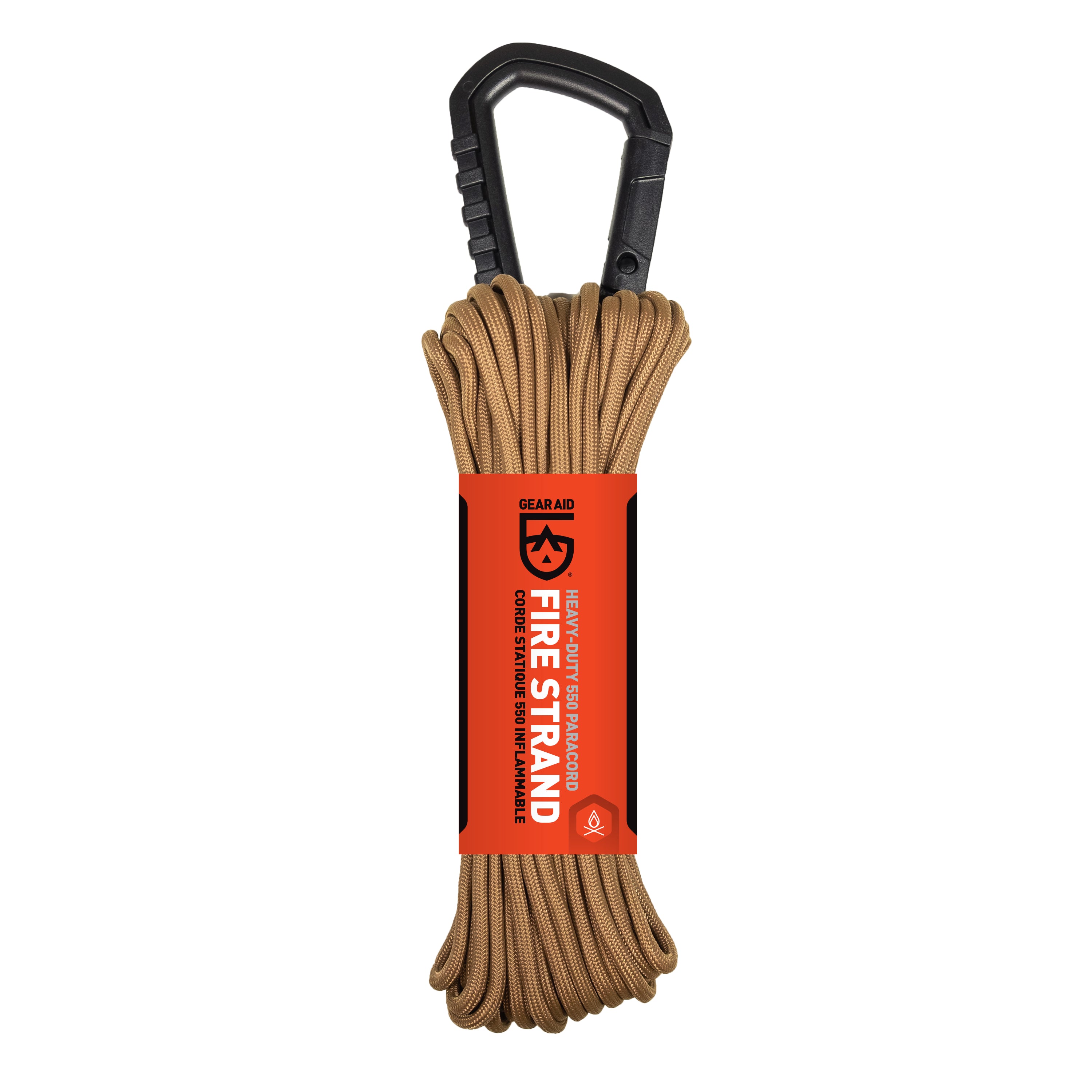 GearAid Paracord Firestrand in packaging attached to a carabiner on a white background