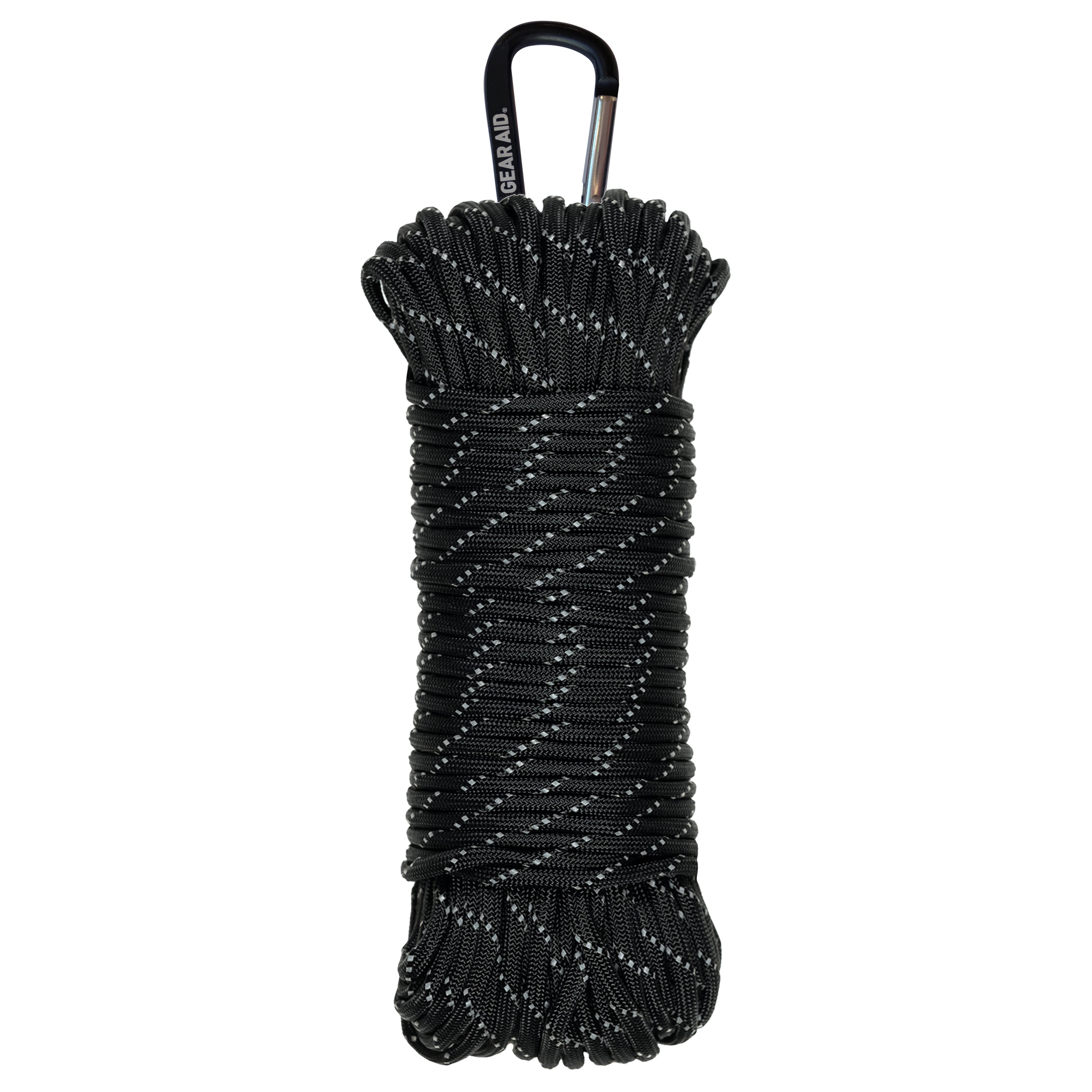 A large spool of reflective black paracord with a black carabiner attached against a white background.