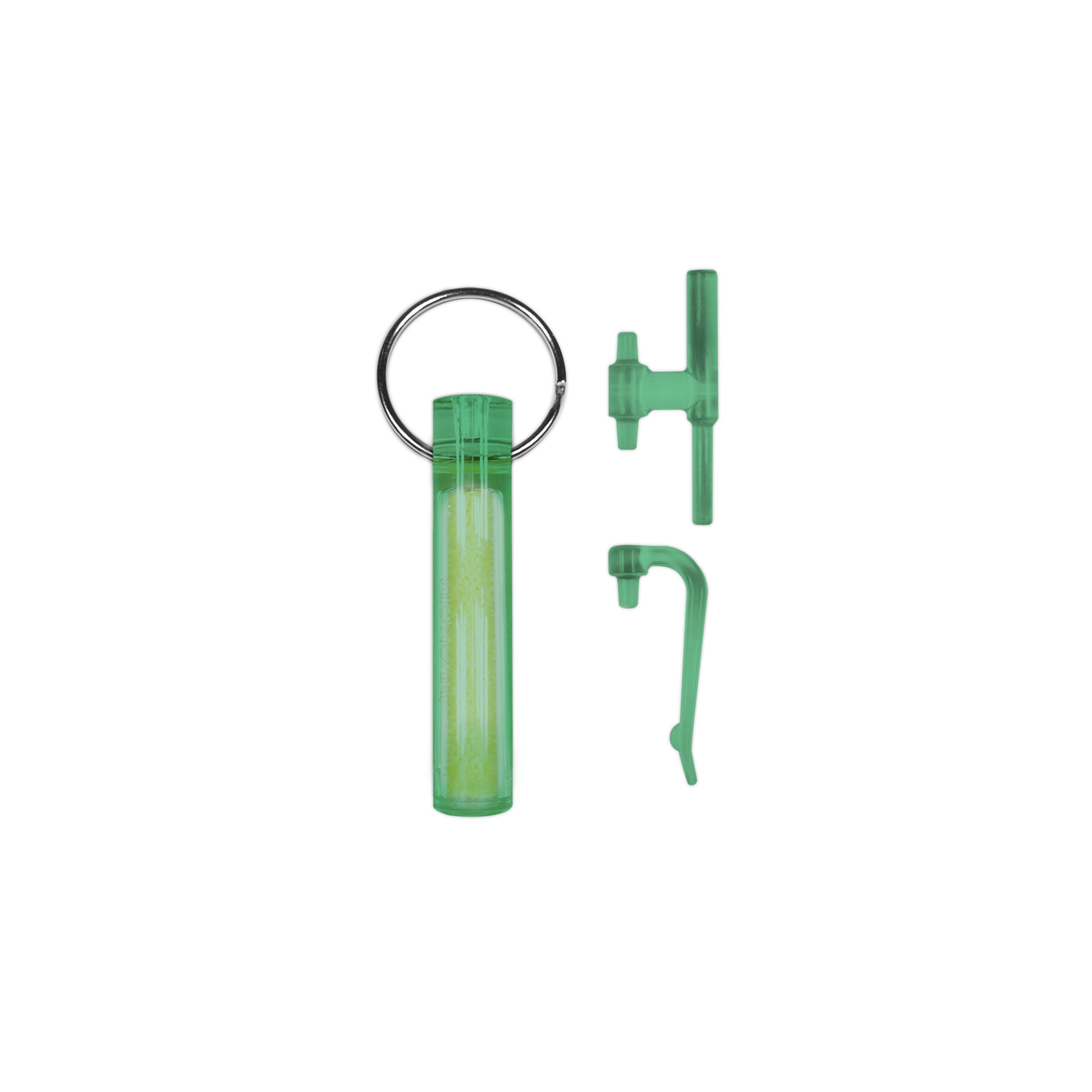 A green Ni Glo Gear Marker keychain and marker set against a white background, including a cylindrical glow stick and accessories.