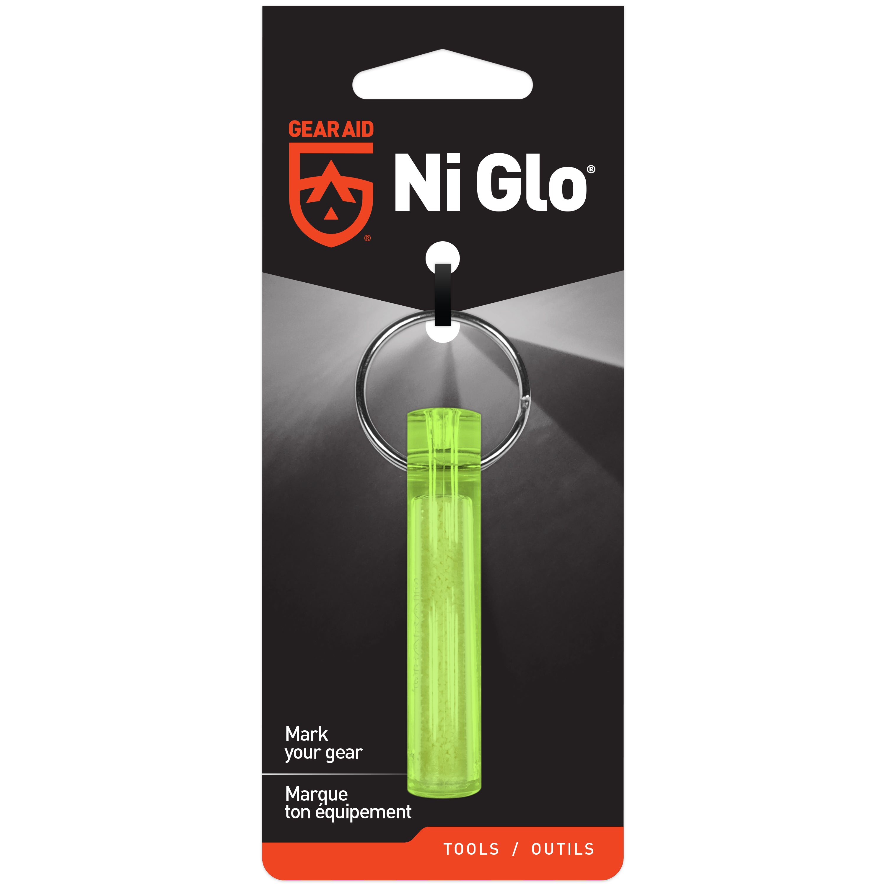A green Ni Glo Gear Marker keychain in GEAR AID branded packaging against a white background.