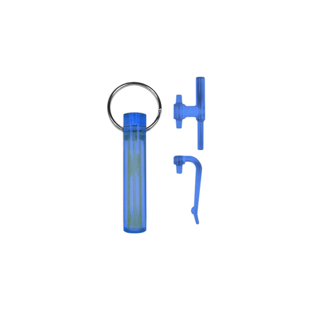 A blue Ni Glo Gear Marker keychain and marker set against a white background, including a cylindrical glow stick and accessories.