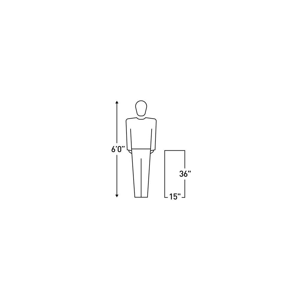 Graphic of cooling towel size against a 6' person on a white background