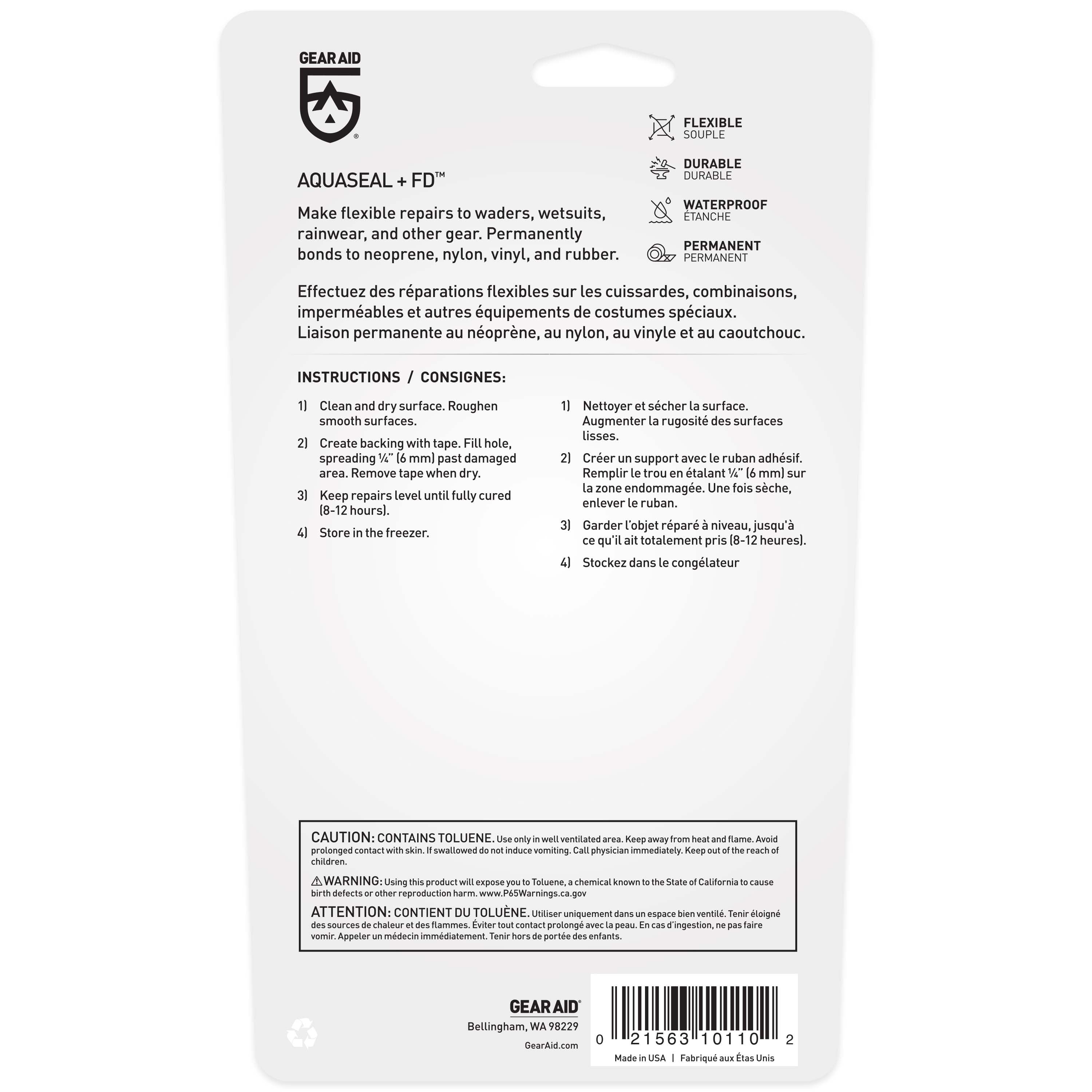 Aquaseal + FD repair kit packaging with text and branding on a white background