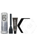 Gear Aid product set including a plastic container, tube of Aquaseal FD, applicator, and a black and clear Tenacious Tape hex patches on a white background