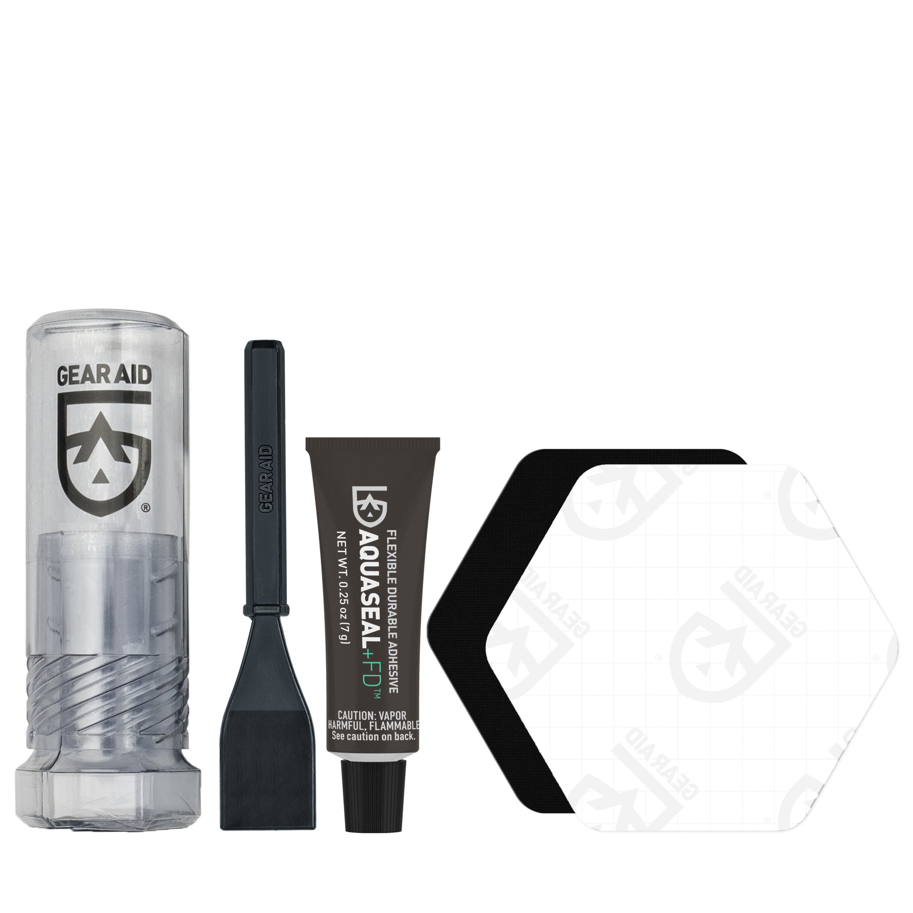 Gear Aid product set including a plastic container, tube of Aquaseal FD, applicator, and a black and clear Tenacious Tape hex patches on a white background