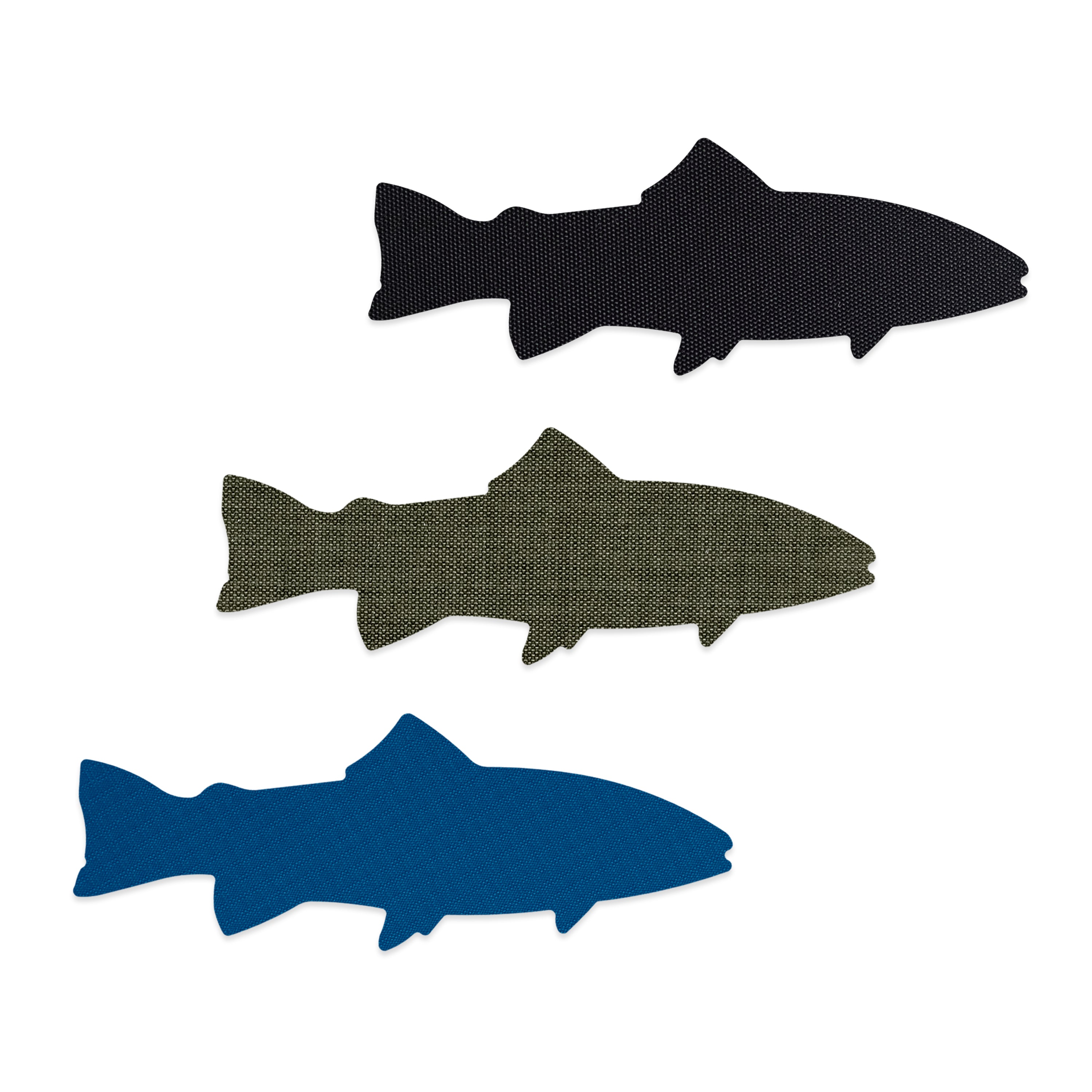 Three fish-shaped repair patches in black, green, and blue on a white background