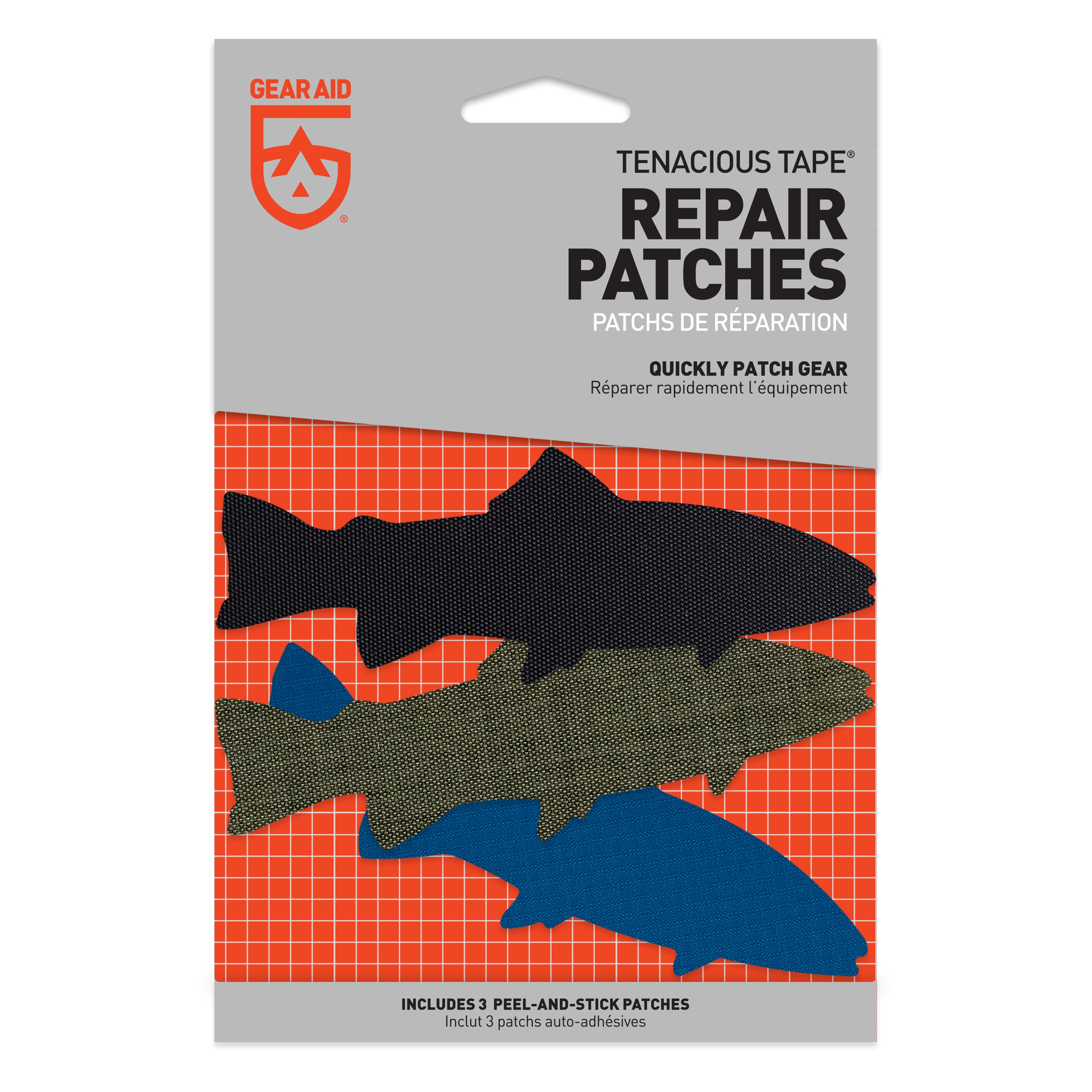 Pack of repair patches with fish shapes on a red grid background, featuring Gear Aid branding.