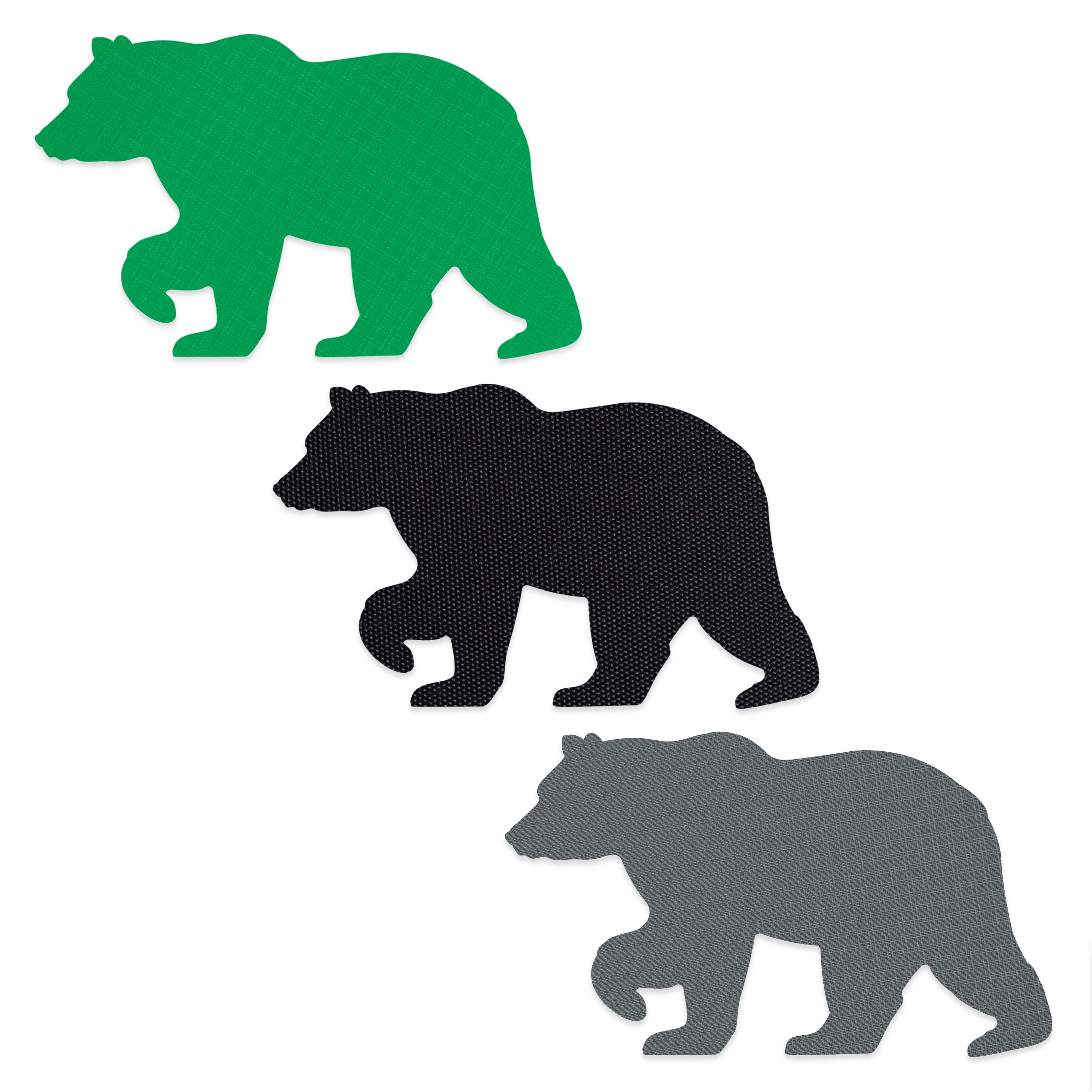 Three bear patches in green, black, and gray on a white background