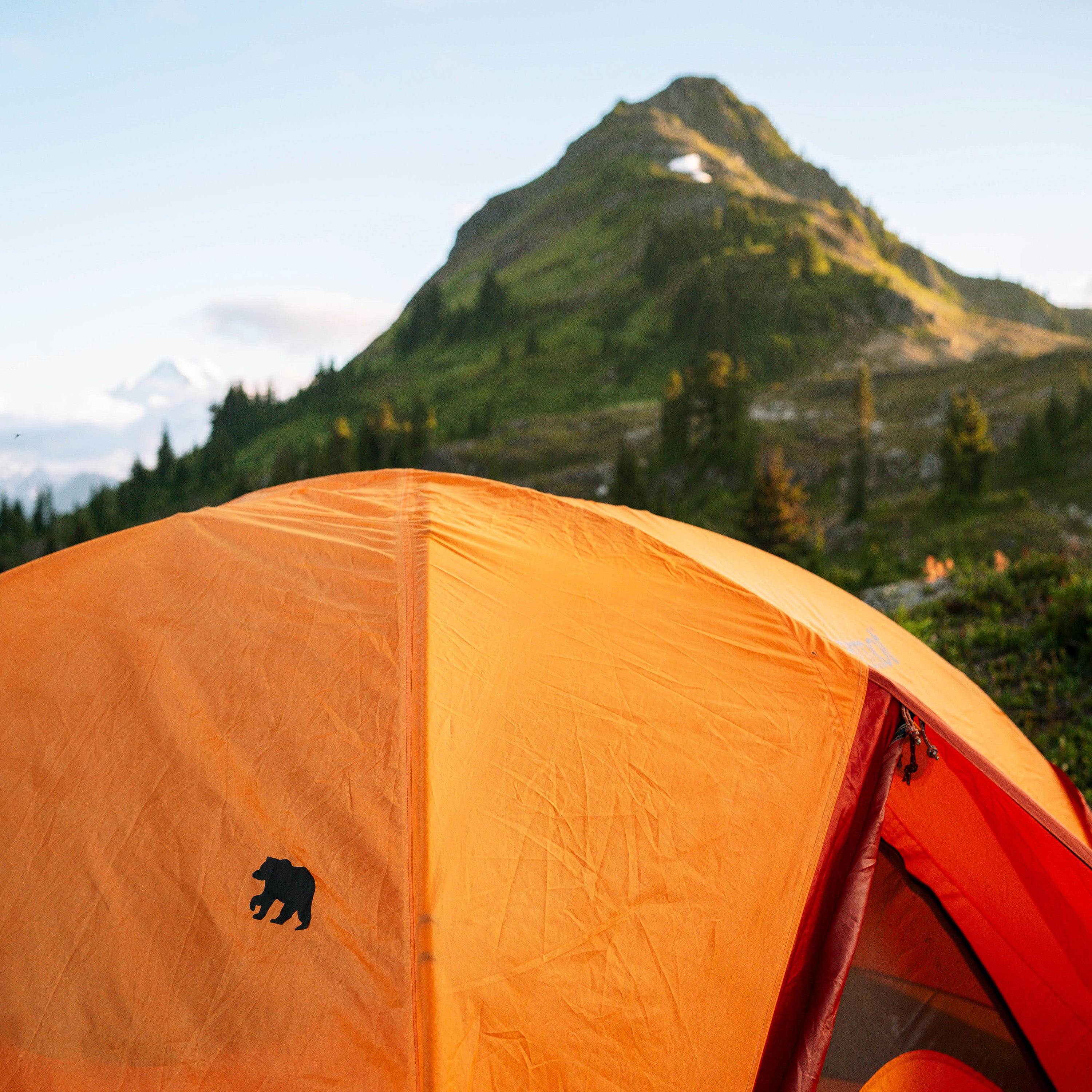 Orange camping tent with a bear patch in front of a mountainous landscape