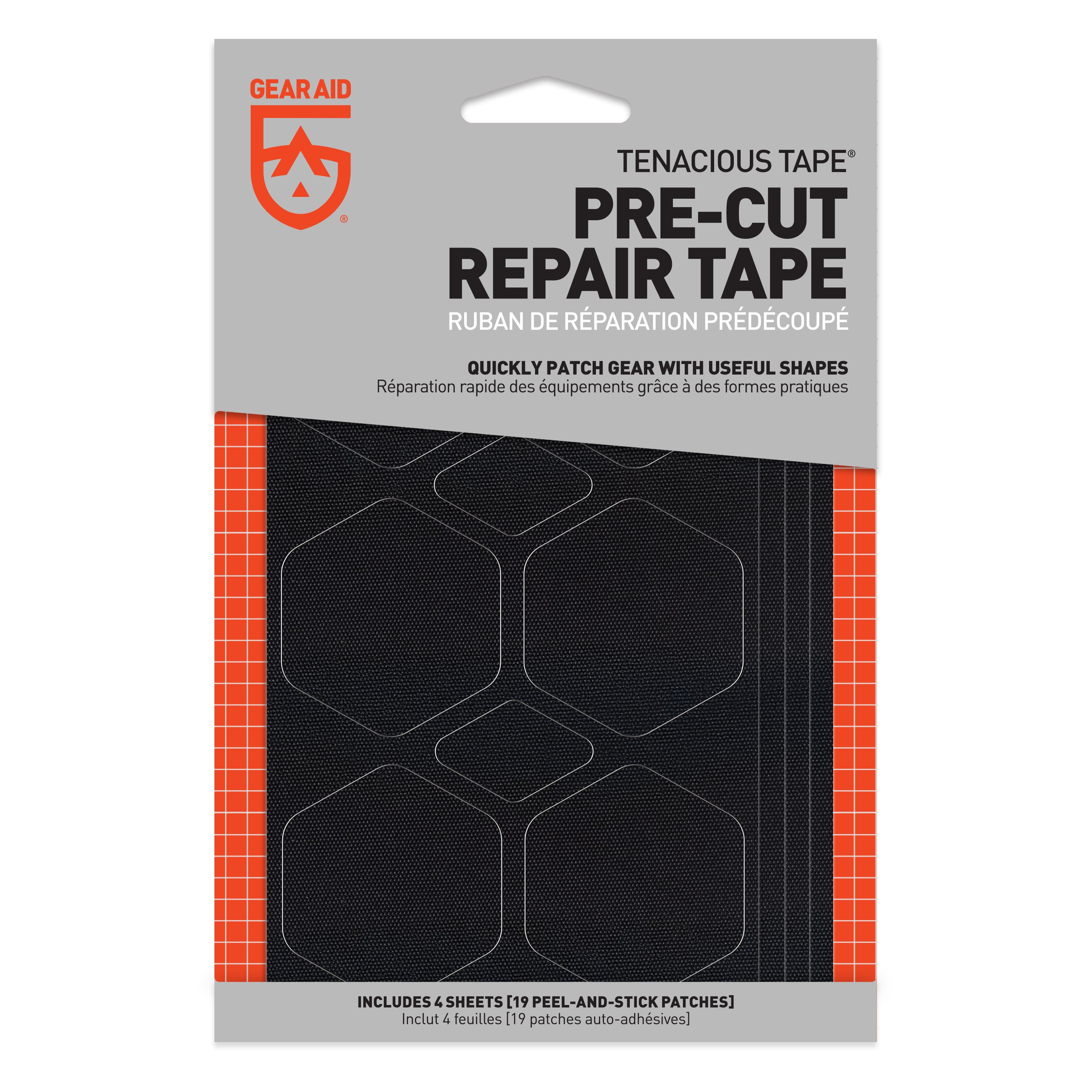 Packaging of Gear Aid Tenacious Tape pre-cut repair tape with visible branding.