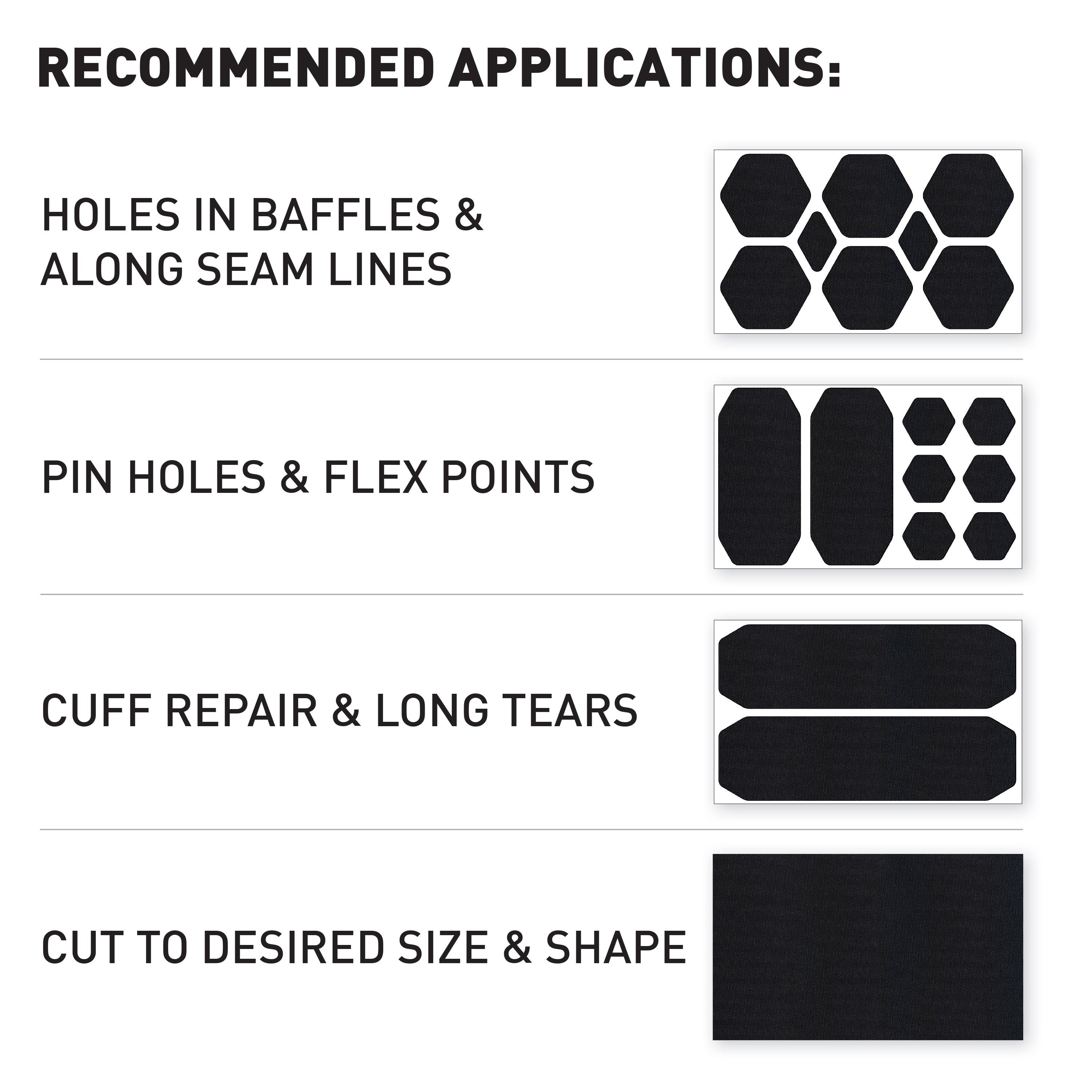 Black repair patches with text indicating their recommended applications on a white background