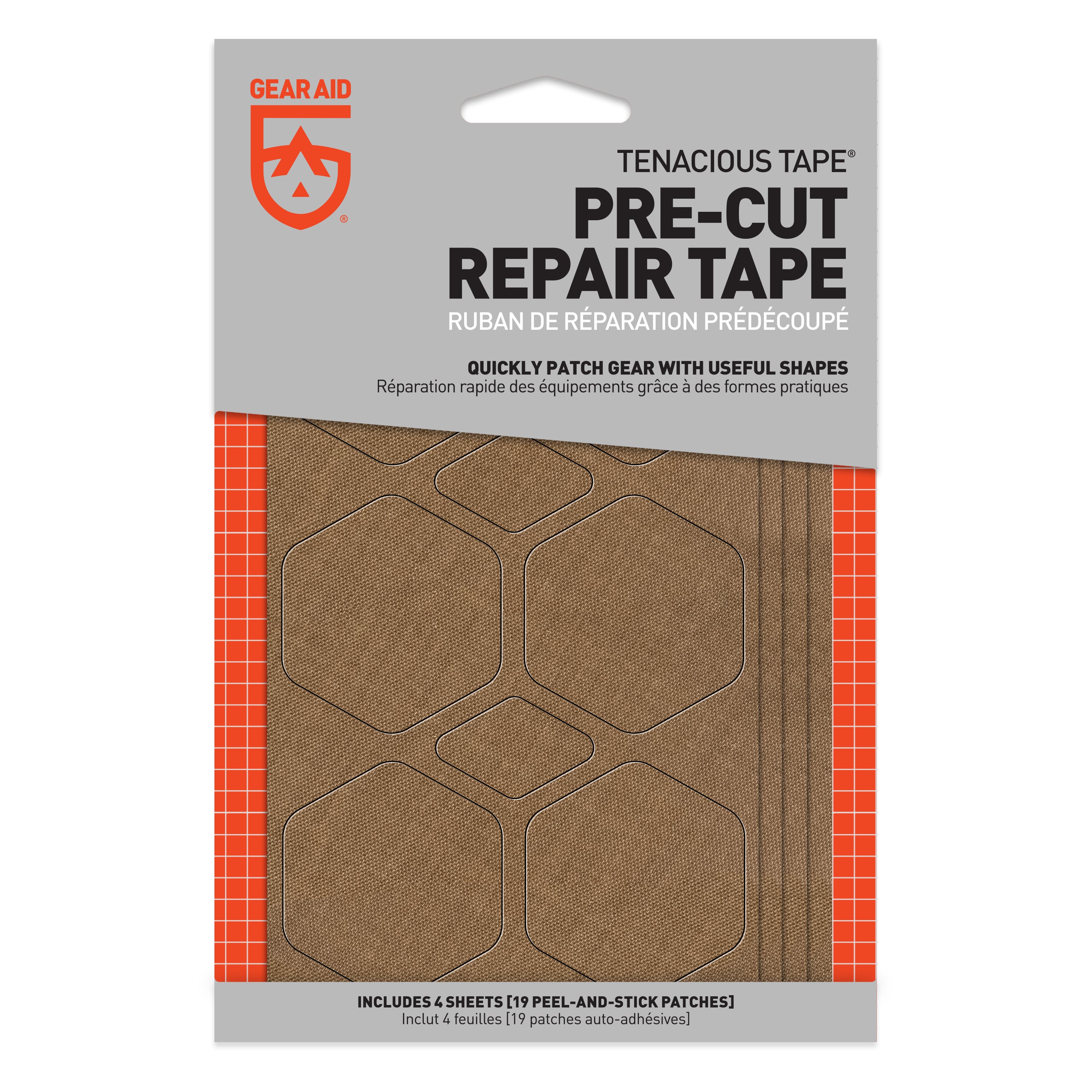 Packaging of Gear Aid Tenacious Tape pre-cut repair tape with hexagonal patches.