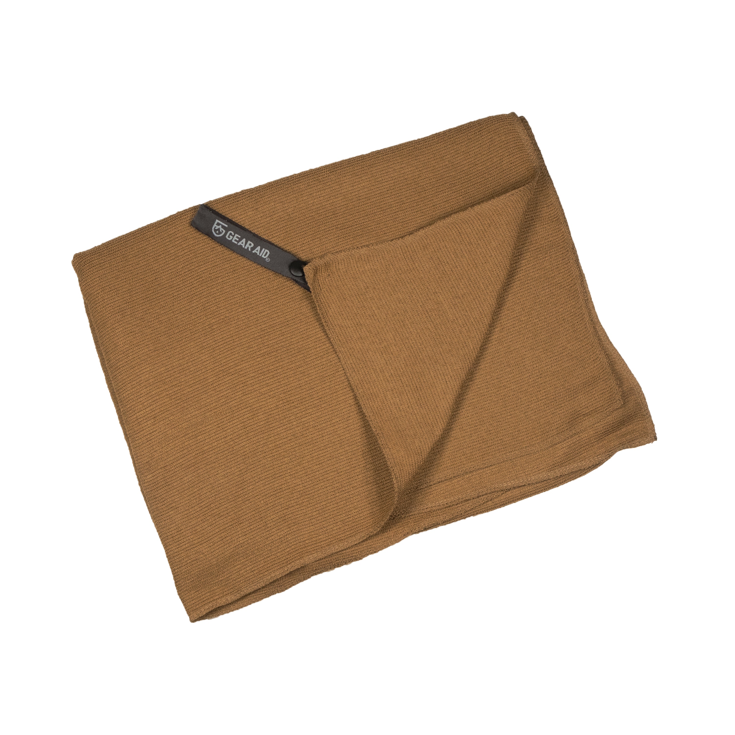 Coyote/tan colored micro terry towel folded and sitting on a white background.