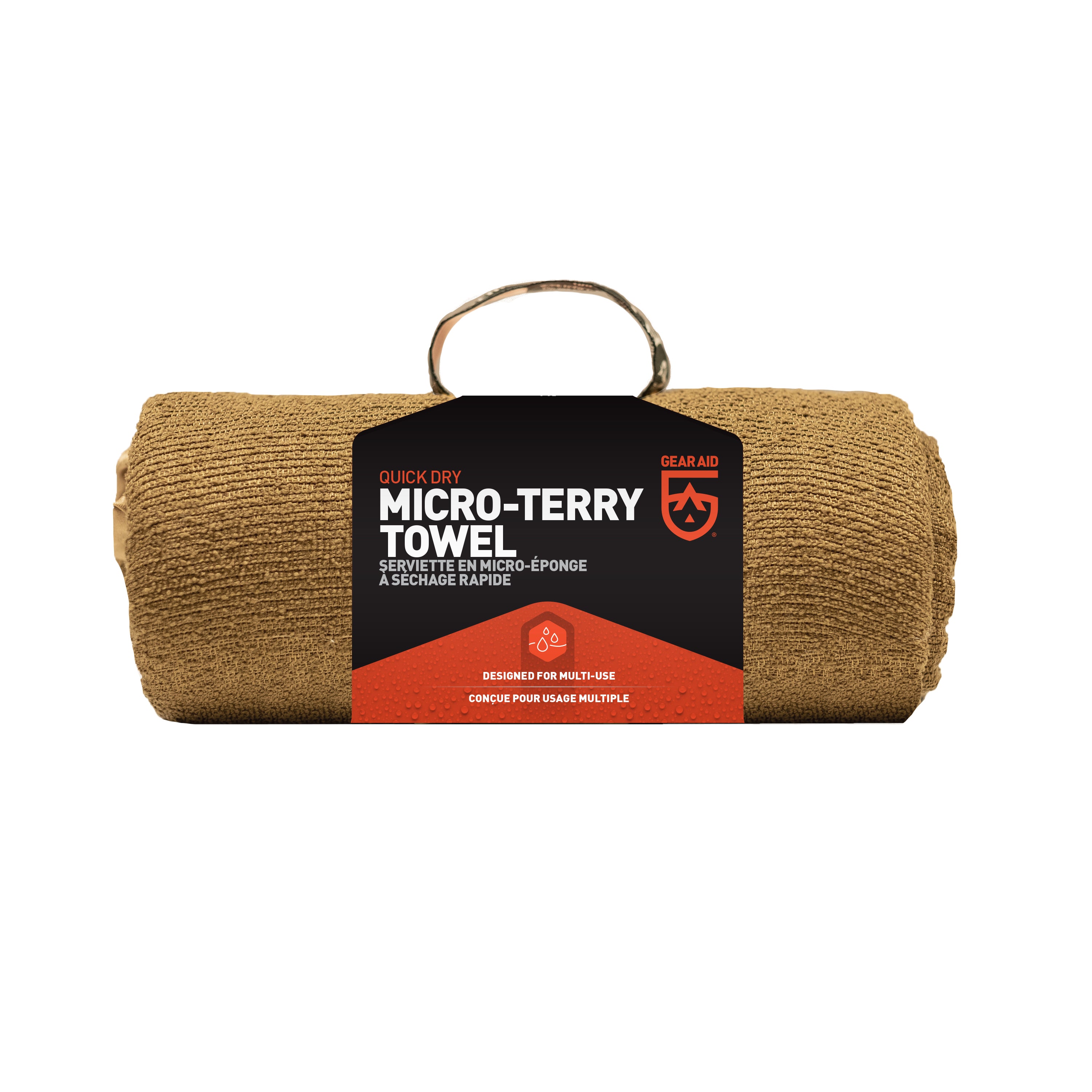 Rolled up coyote tan micro terry towel in packaging against a white background