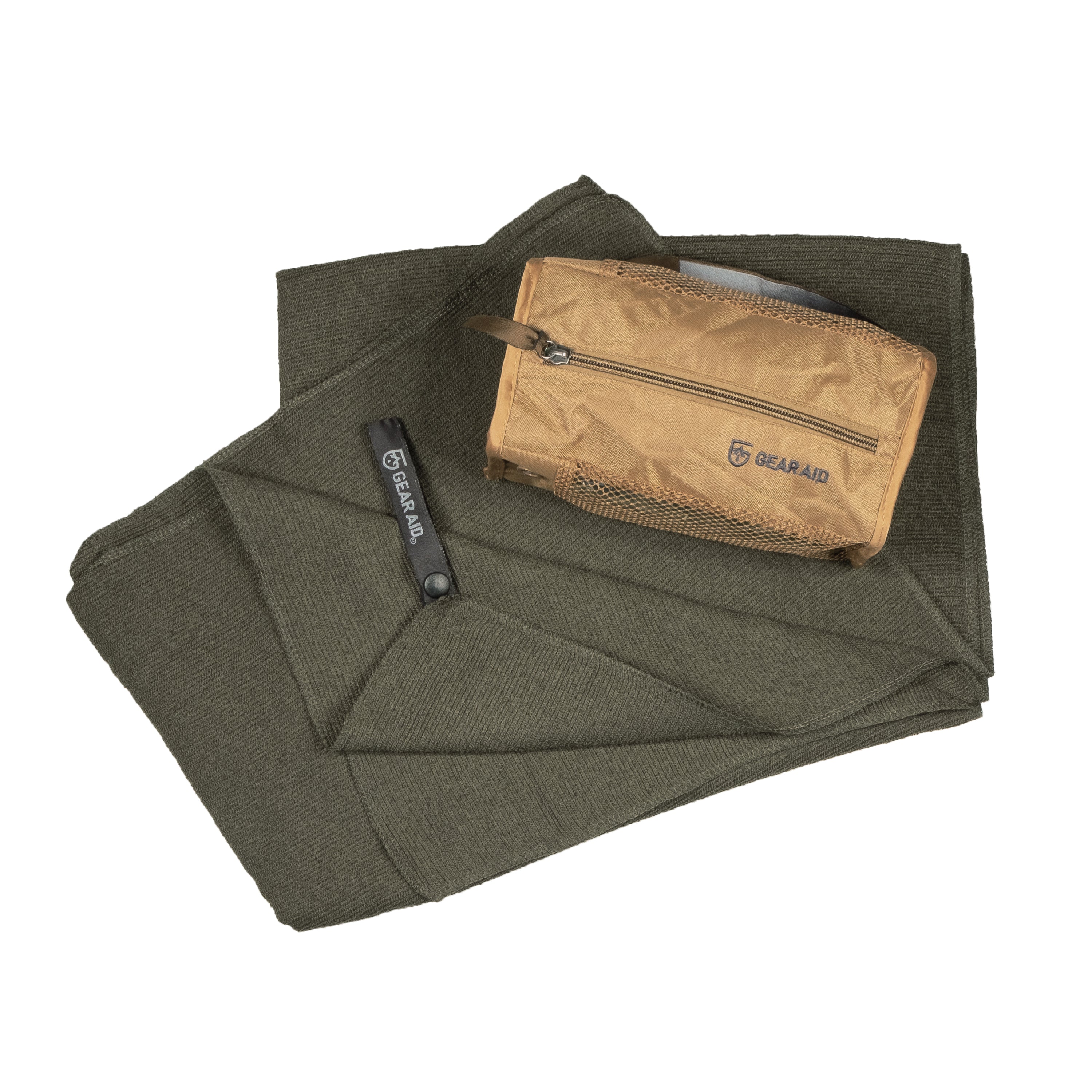 A dark muted green Micro-Terry Towel laid out next to its mesh lined toiletry bag with quiet zippers, on a white background.