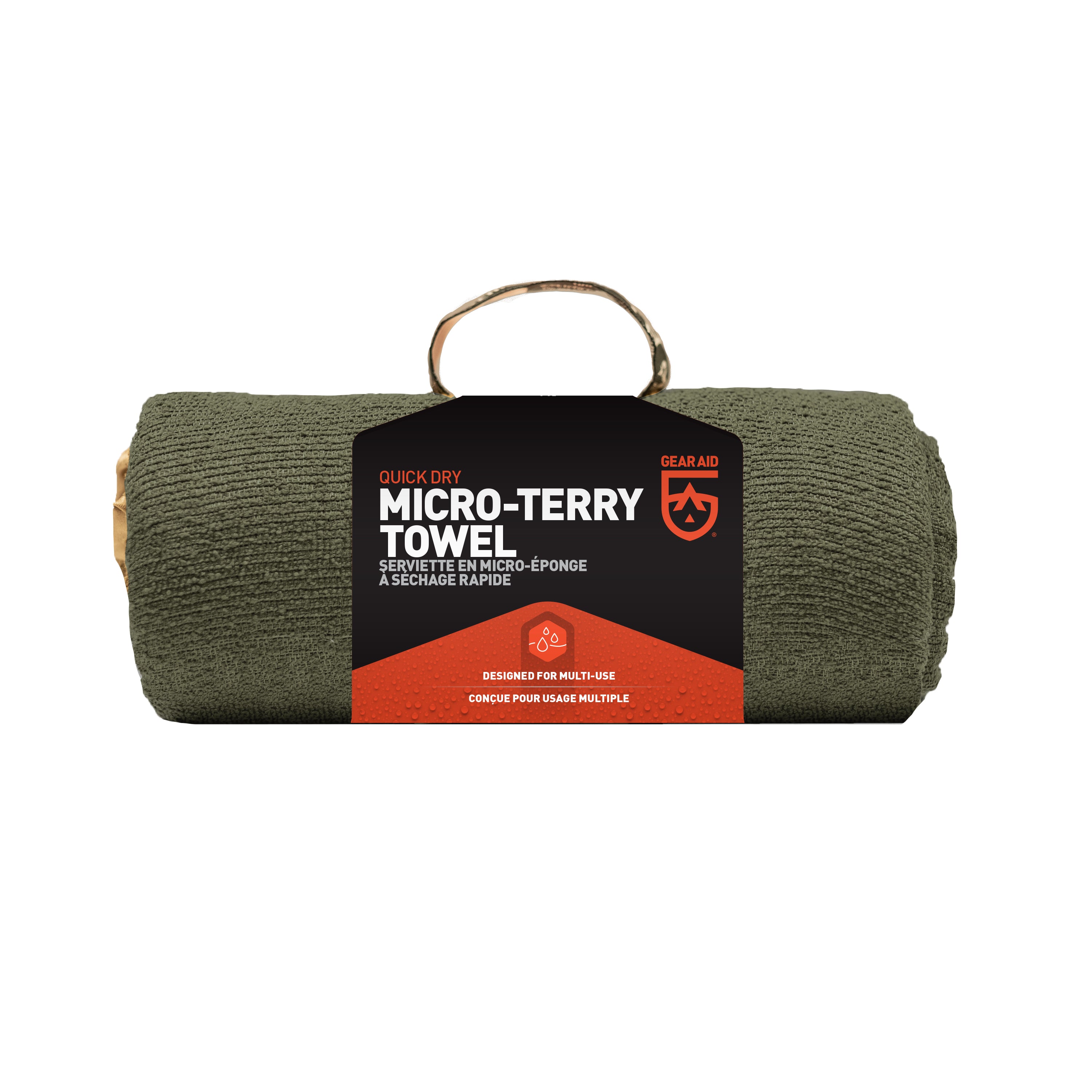 Rolled up muted dark green micro terry towel in packaging against a white background