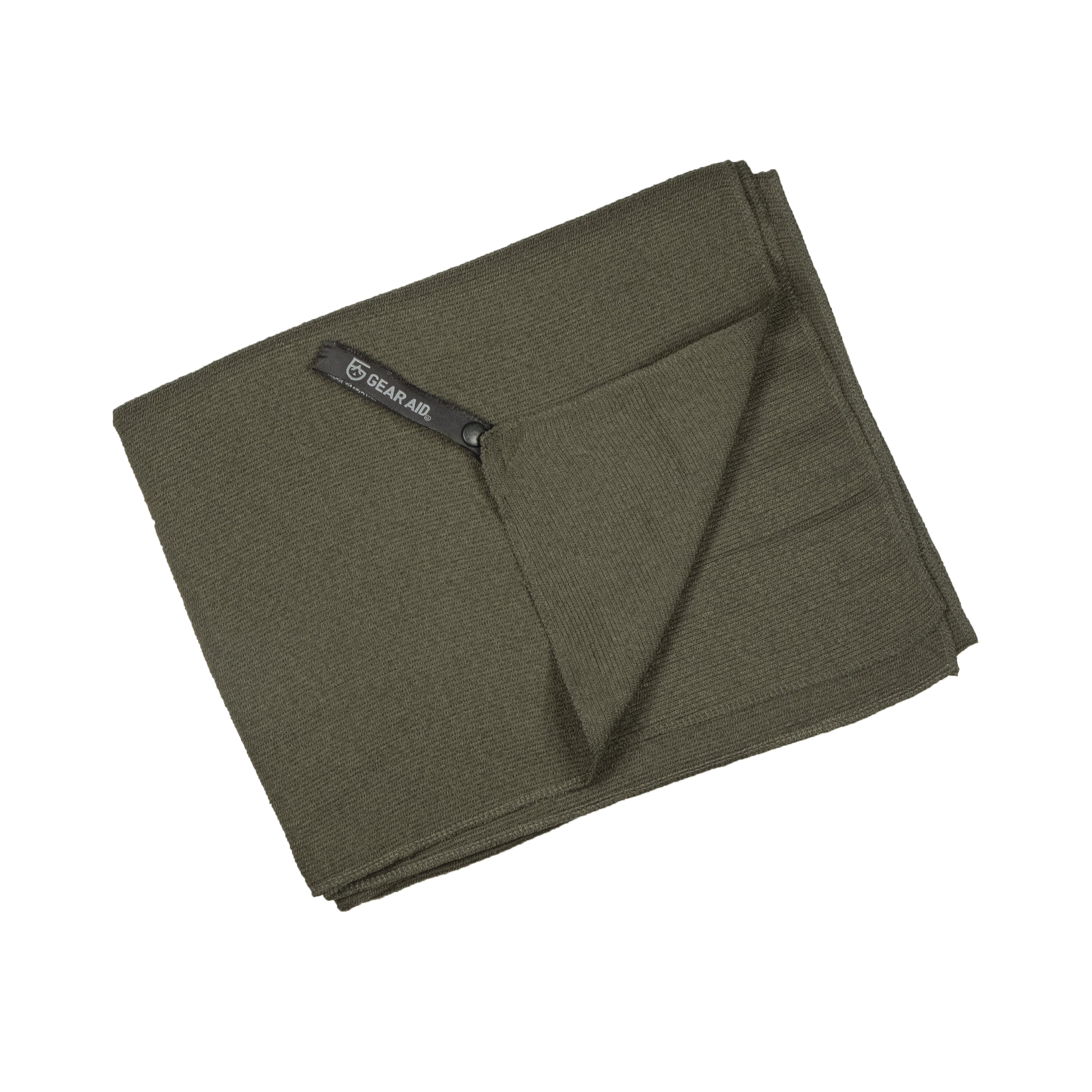 Muted dark green micro terry towel folded on a white background