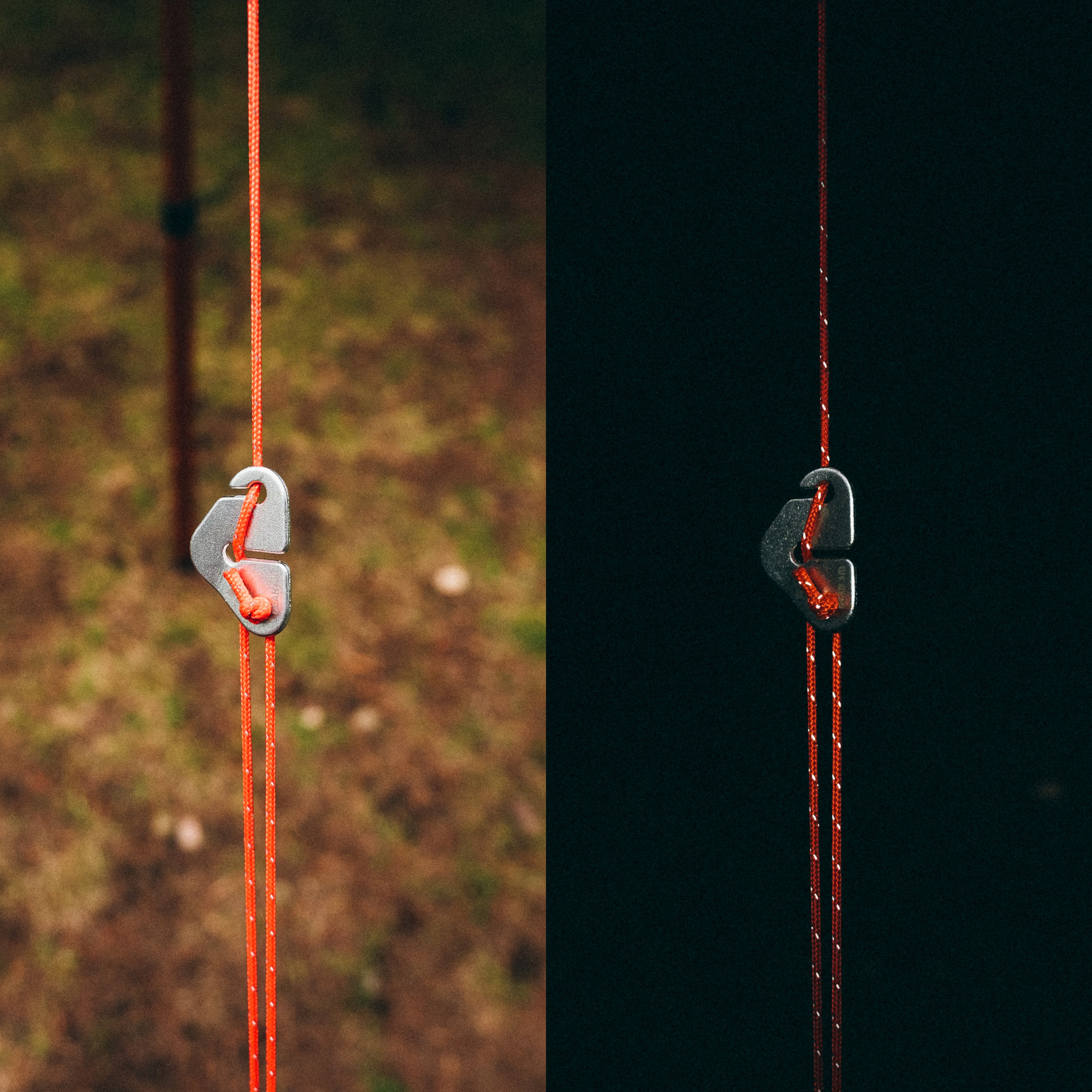 Side by side images of light duty 175 paracord being used as a guyline with a tensioner, one is during the day and one is at night with a black background and shining reflective tick