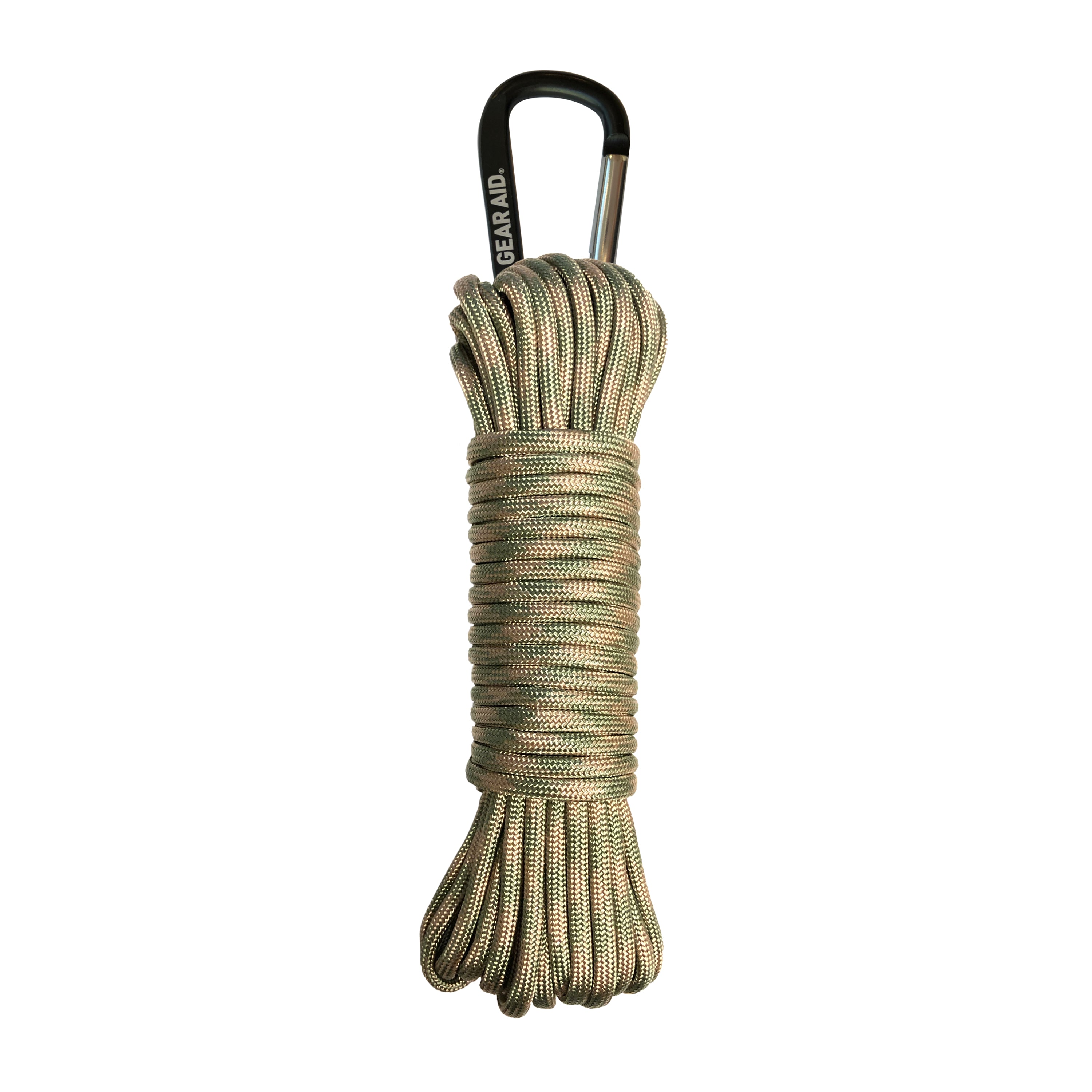 A spool of orange and black striped paracord with a black carabiner attached against a white background.