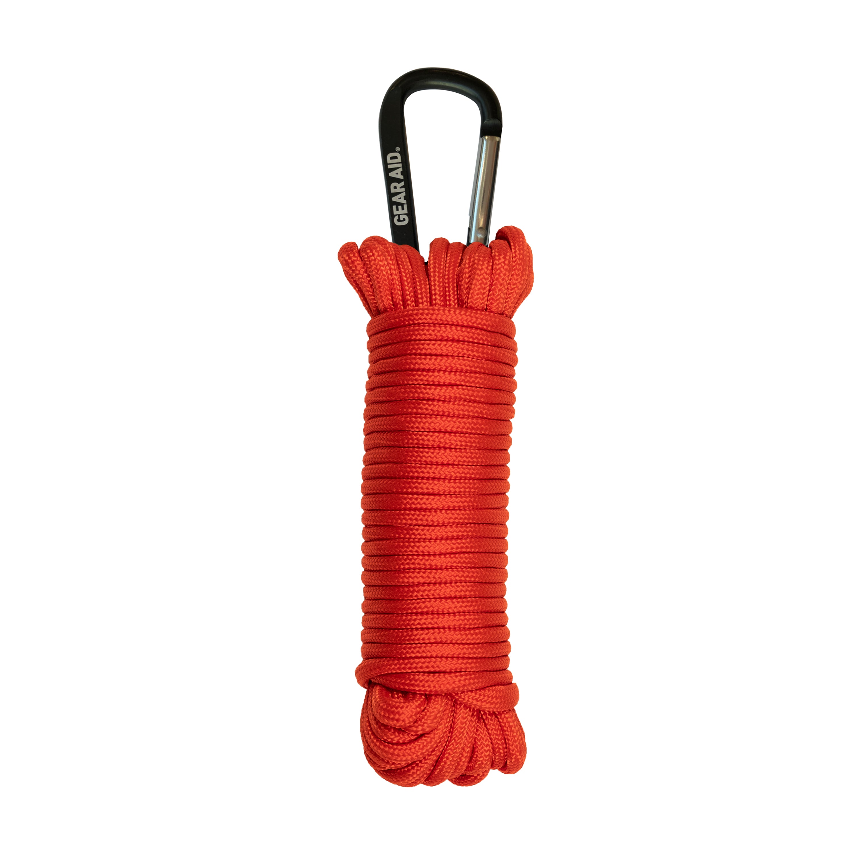 A spool of orange paracord with a black carabiner attached against a white background.