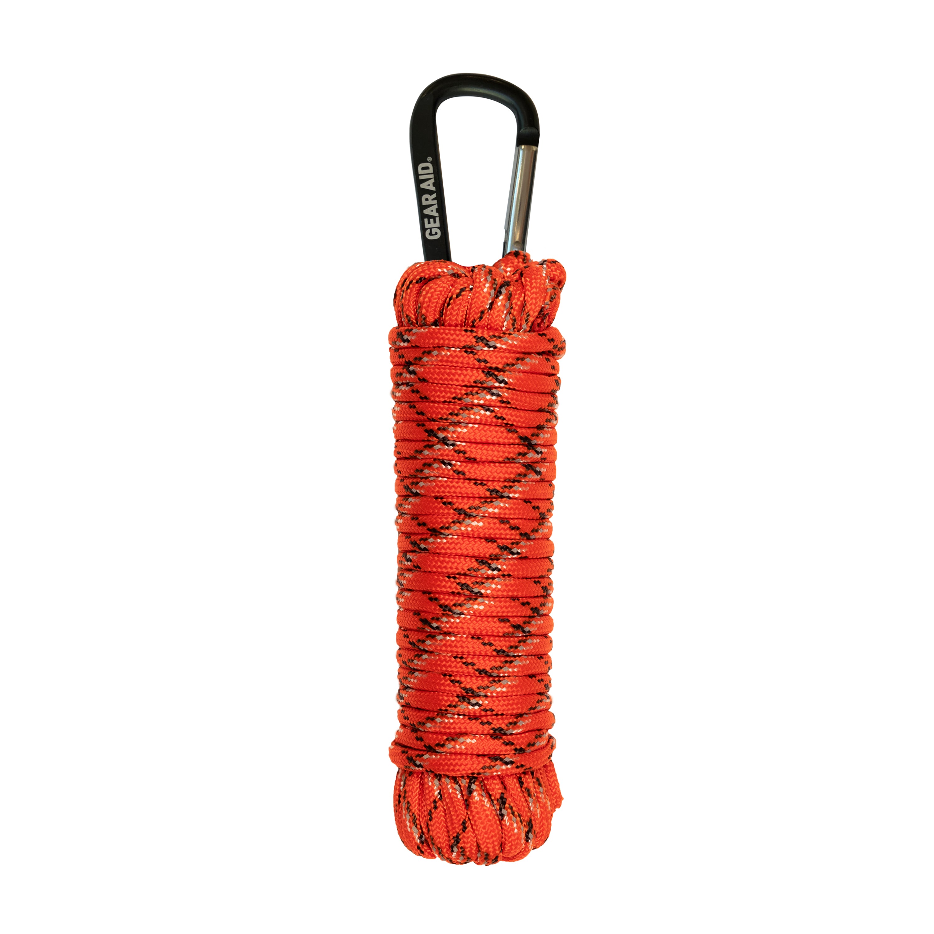 A spool of orange and black striped paracord with a black carabiner attached against a white background.