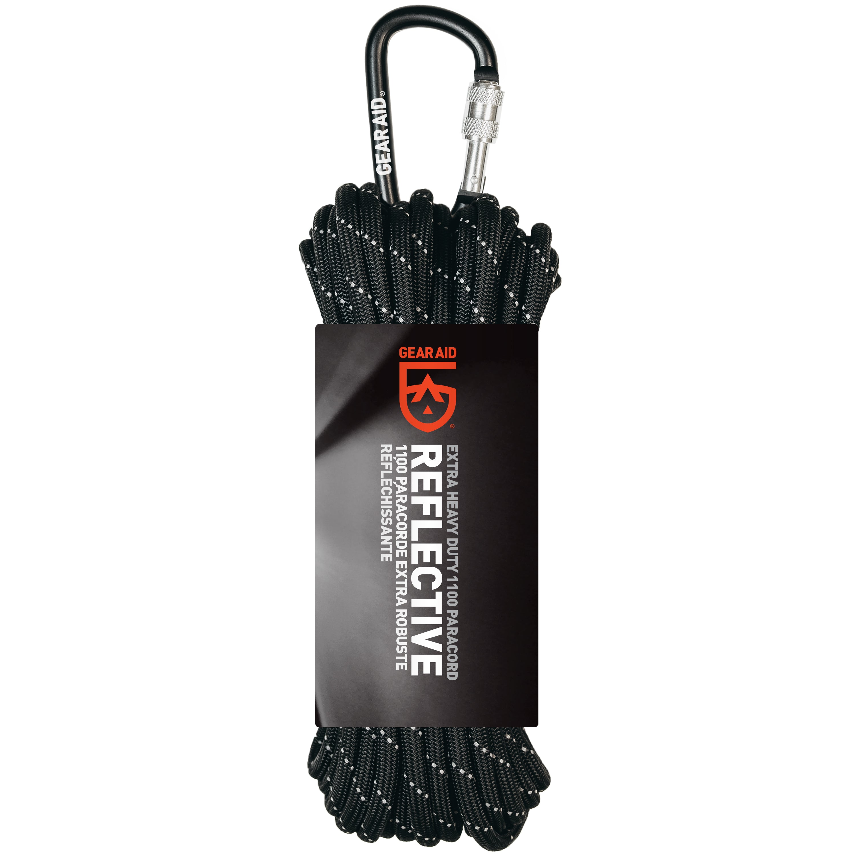 Paracord of 50ft in black reflective color in packaging against a white background