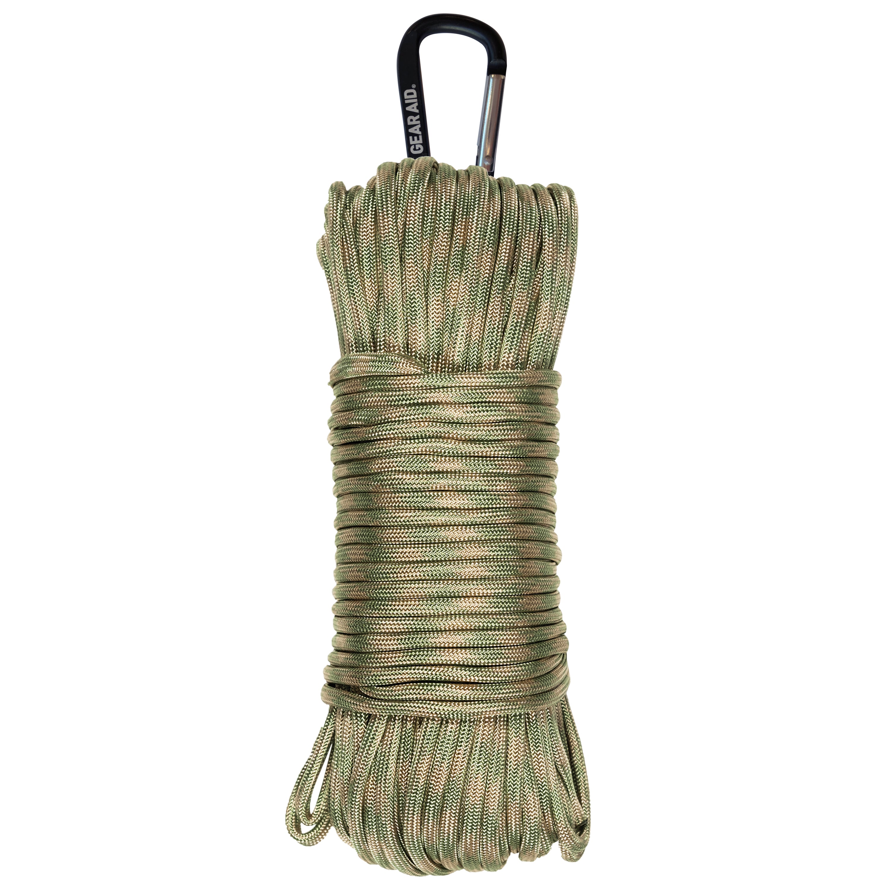 A large spool of tan and sage green paracord with a black carabiner attached against a white background.