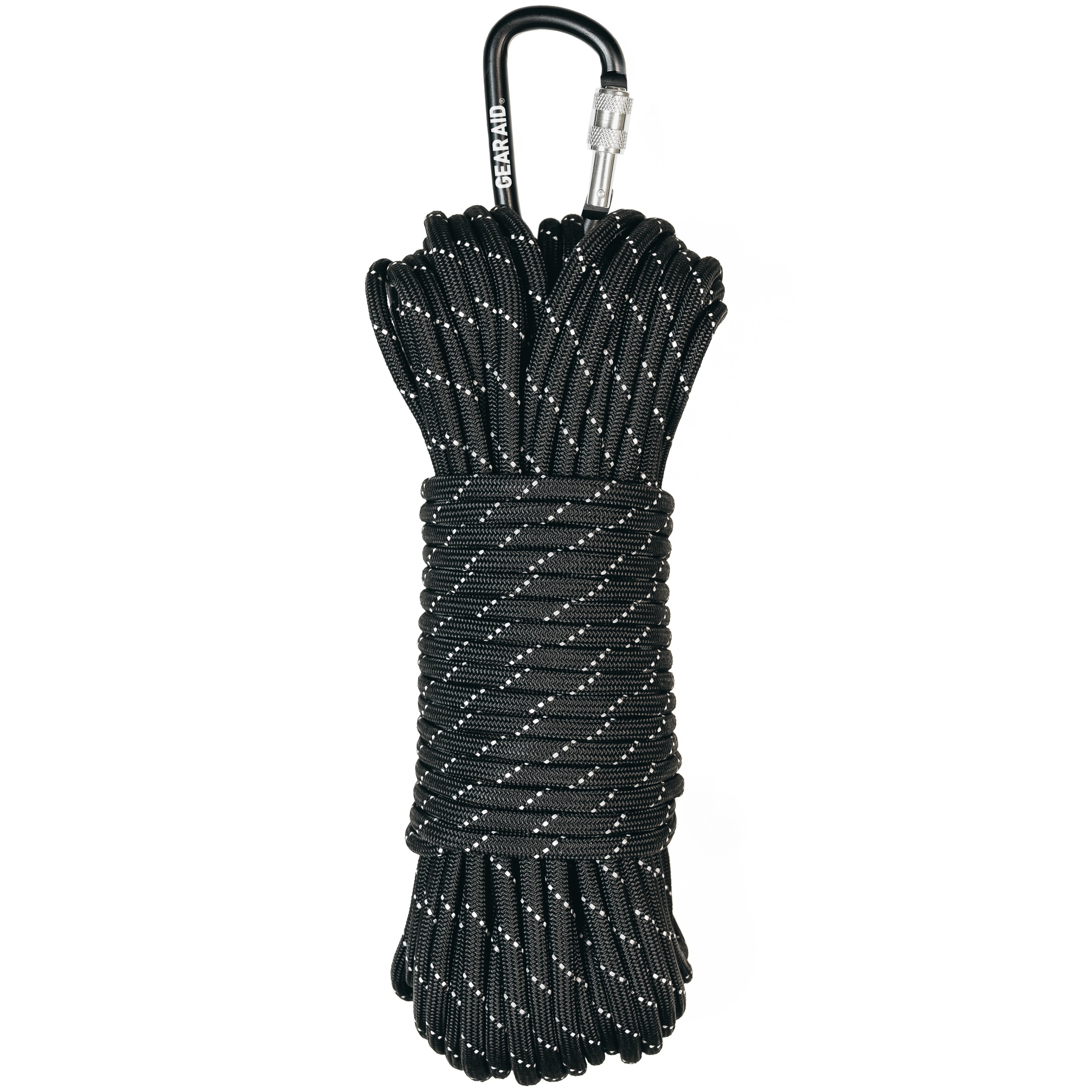Paracord of 100ft in black reflective color on white background 