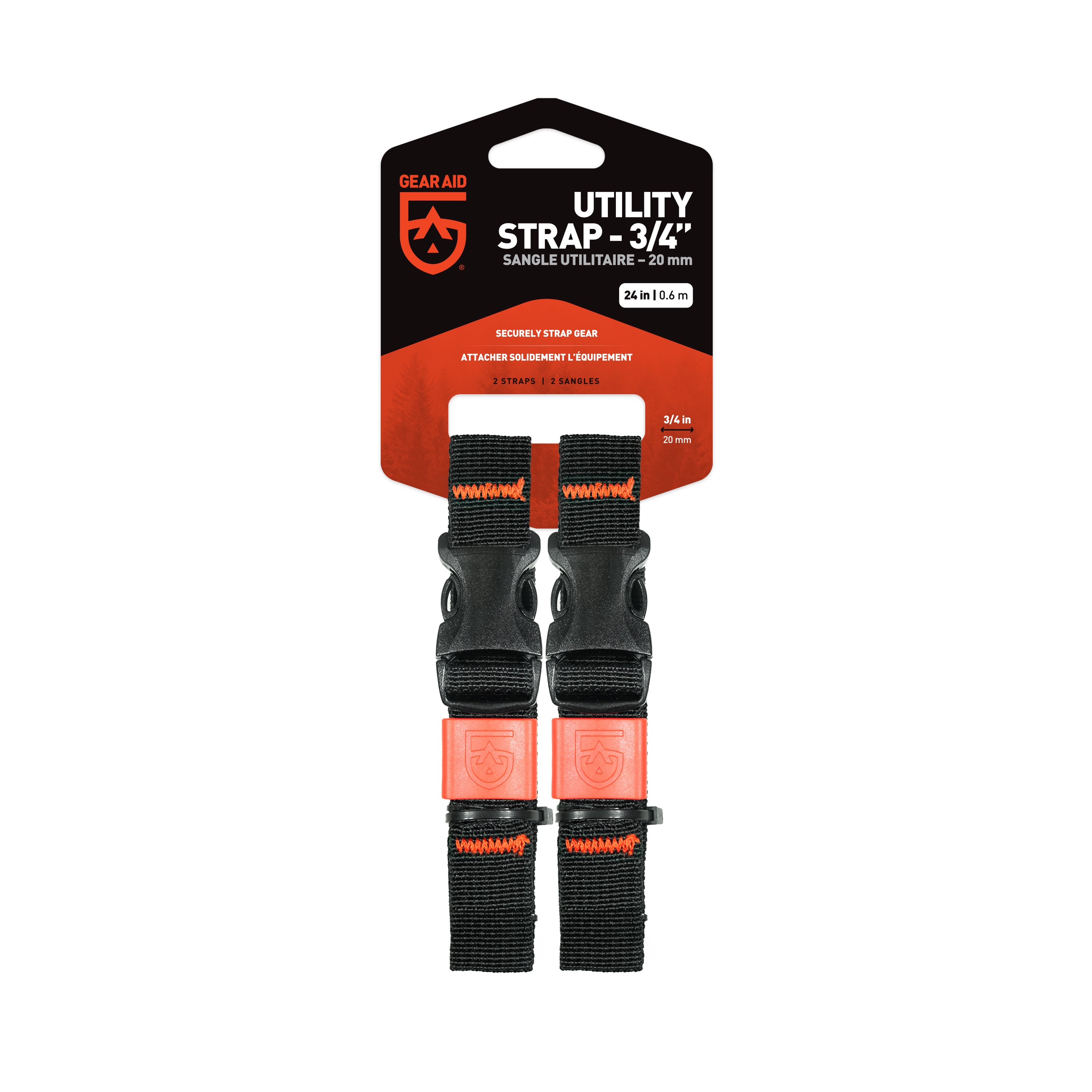 Two black nylon utility straps 24 in long with orange side-release buckles, packaged on a card with product information.