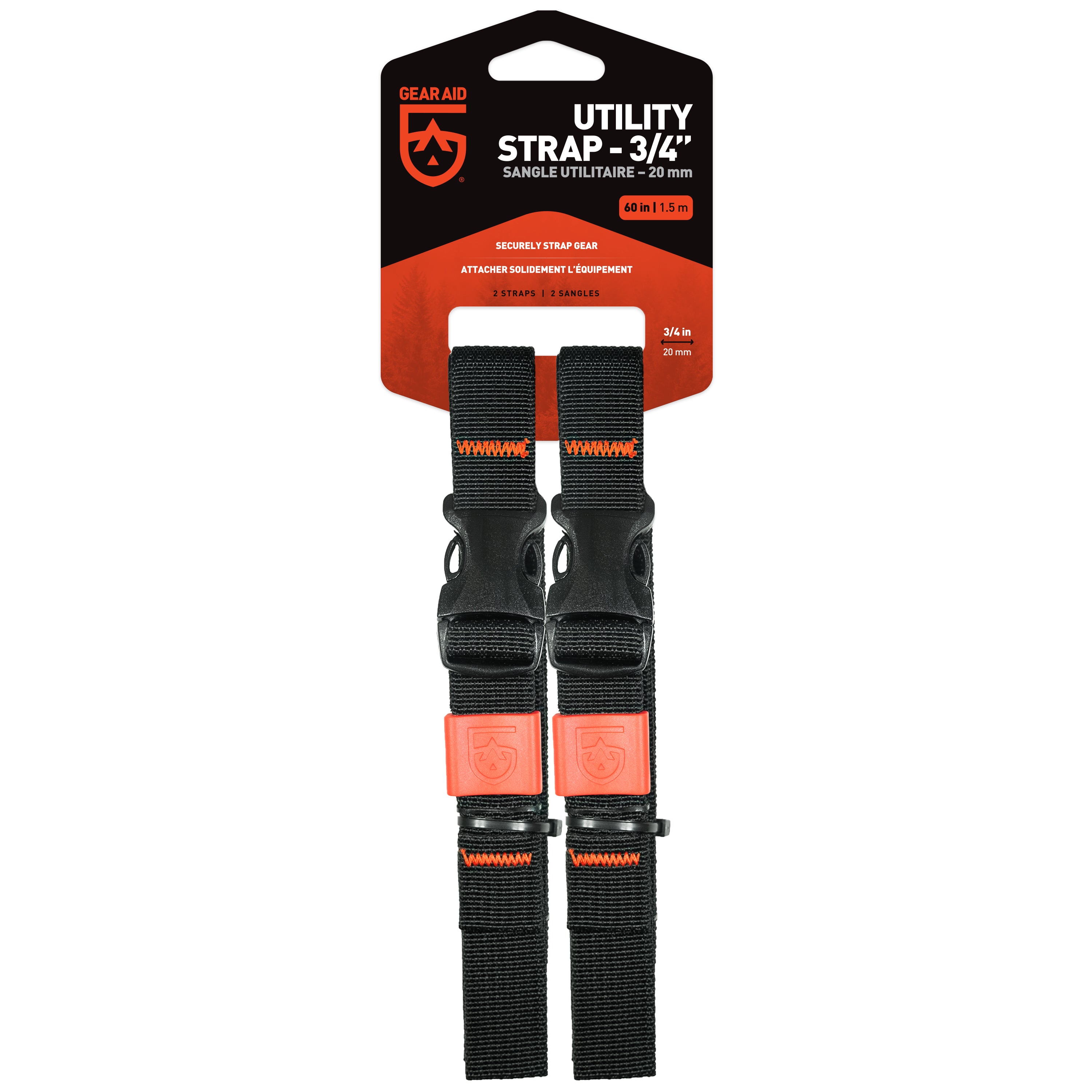 Two black nylon utility straps 60 in long with orange side-release buckles, packaged on a card with product information.