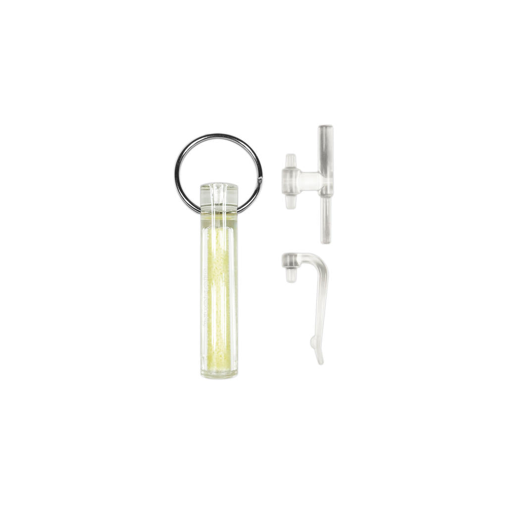 A clear Ni Glo Gear Marker keychain and marker set against a white background, including a cylindrical glow stick and accessories.