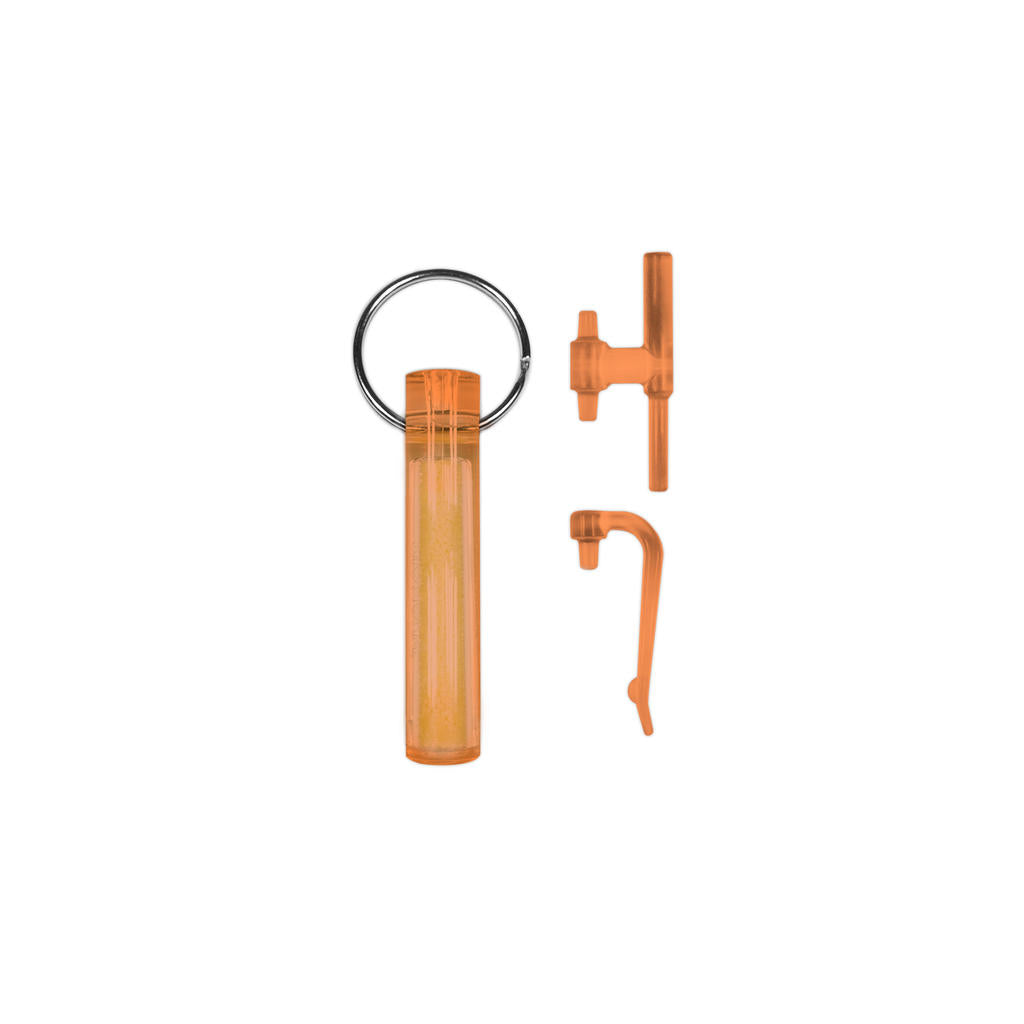 An orange Ni Glo Gear Marker keychain and marker set against a white background, including a cylindrical glow stick and accessories.