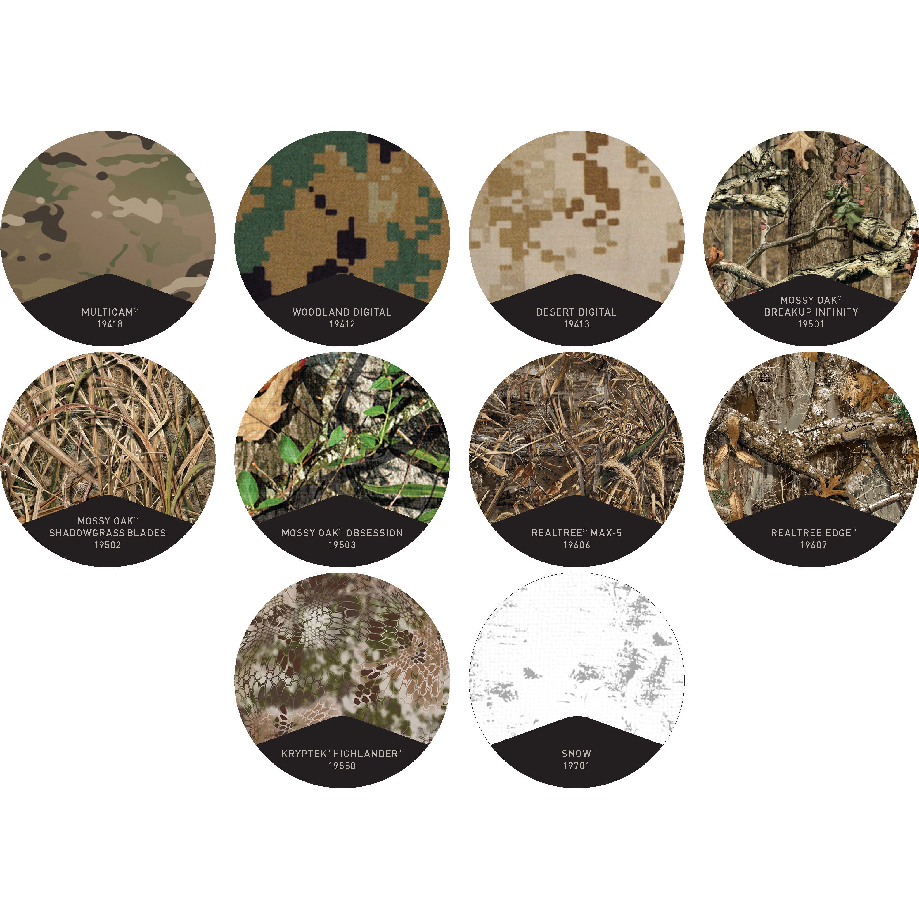Circles of each Camo Form pattern (Multicam, Woodland Digital, Desert Digital, Mossy Oak Breakup Infinity, Mossy Oak Shadowgrass Blades, Mossy Oak Obsession, Realtree Max-5, Realtree Edge, Kryptek 'Highlander' and Snow) on a white background